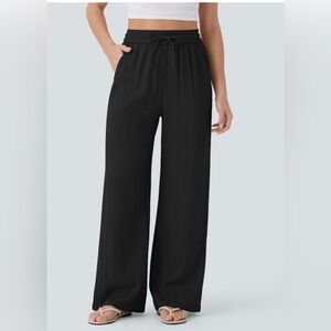 Halara High Waisted Drawstring Pocket Wide Leg Casual Linen-Feel Pants